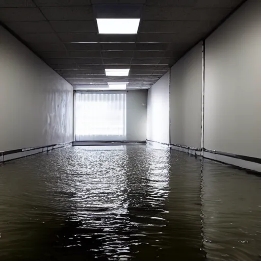 Image similar to backrooms office space, ominous lighting, moldy walls, momo wading in shallow water