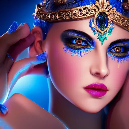 Image similar to photo of wonderful princess of sapphire with fair skin, she has her eyes closed, glowing, ornate and intricate blue jewelry, jaw dropping beauty, eyepopping colors, dynamic lighting, glowing background lighting, blue accent lighting, photorealistic, hyper detailed, award winning photography, 4 k octane render