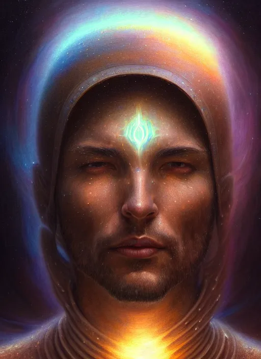 Image similar to closeup portrait shot of a male meditation in cosmic galaxy in a scenic dystopian environment, intricate, elegant, highly detailed, centered, digital painting, artstation, concept art, smooth, sharp focus, illustration, artgerm, tomasz alen kopera, peter mohrbacher, donato giancola, joseph christian leyendecker, wlop, boris vallejo