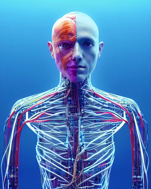 Image similar to a hyperrealistic human cyborg with limbs stretched out, tied with electrical cables connected to an infinite supercomputer, flood of color and images flowing from his head, tesseract, vitruvian man, 3 d render, octane, trending on artstation, concept art, insane details