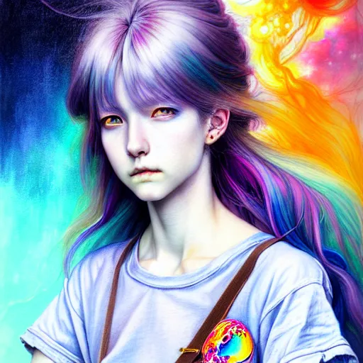 Image similar to a portrait of girl with rainbow hair white shirt, denim shorts, an ultrafine detailed painting by ayami kojima, cgsociety, fantasy, anime digital art, lovecraftian, cosmic horror, detailed painting