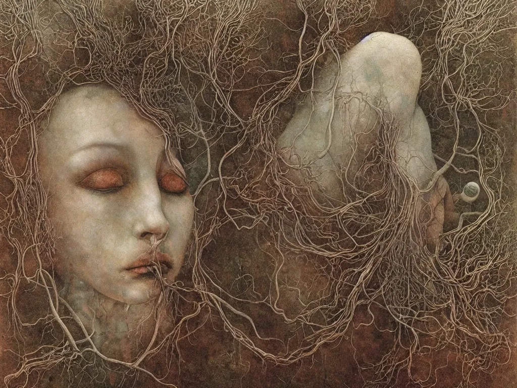 Prompt: Delicate tendrils. Melancholic limpid rocks. Void is a blessing. Mystic. Lucas Cranach, Beksinski