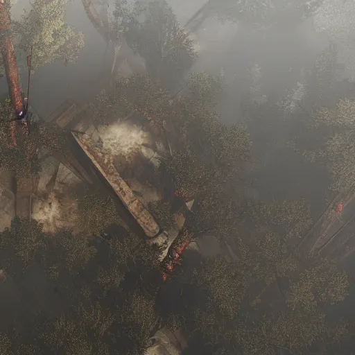 Prompt: playstation 5 screenshot of silent hill, overhead view, gorgeous, clear view
