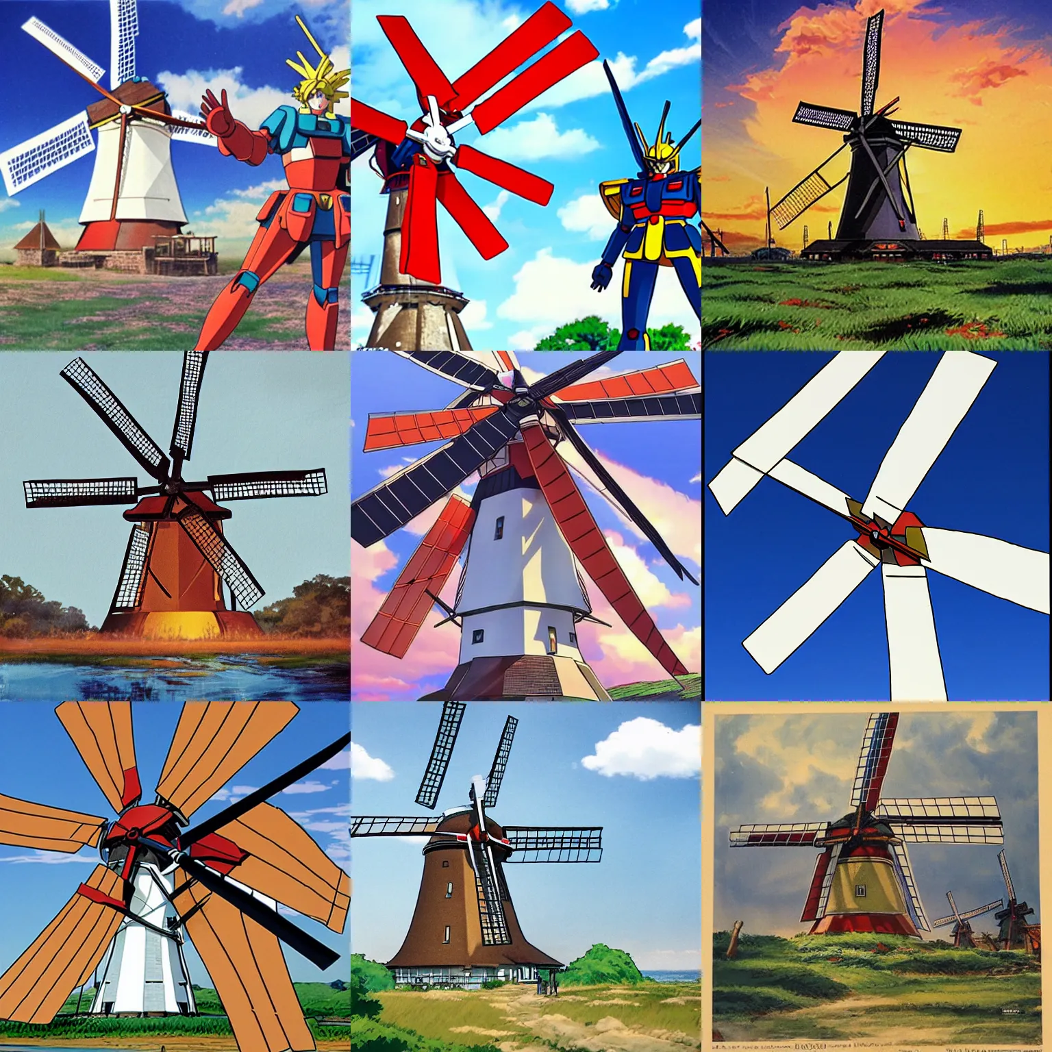 Prompt: gundam as dutch windmill in anime, dutch windmill gundam