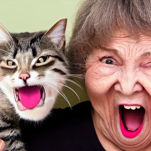 Prompt: an old woman opening her mouth wide and a cat jumping down her throat