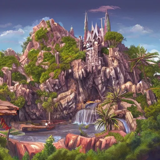 Image similar to painting of universal's islands of adventure, universal orlando, artstation