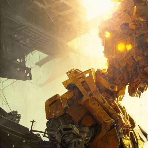 Image similar to closeup portrait of mecha bryan cranston with construction crane arms, yellow hardhat, fantasy, d & d, heartstone, digital painting, volumetric light, intricate, sharp, focus, bloom, illustration, highly detailed, concept art, matte, ruan jia, randy vargas, greg rutkowski