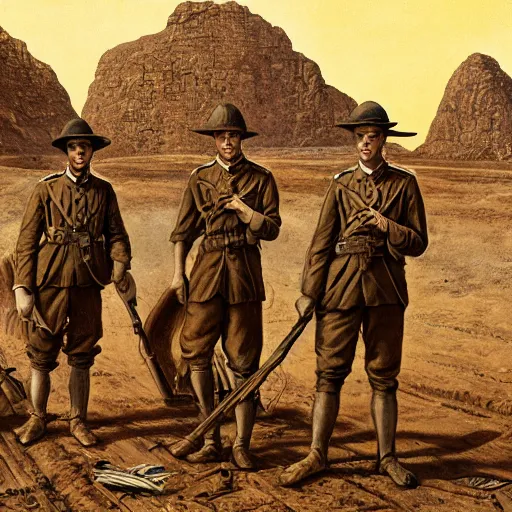 Image similar to ultra detailed photorealistic sepia - toned painting from 1 9 1 7, three british soldiers standing at an archaeological dig site in wadi rum, ultra realistic, painted, intricate details, lovecraft, atmospheric, dark, horror, brooding, highly detailed, by clyde caldwell