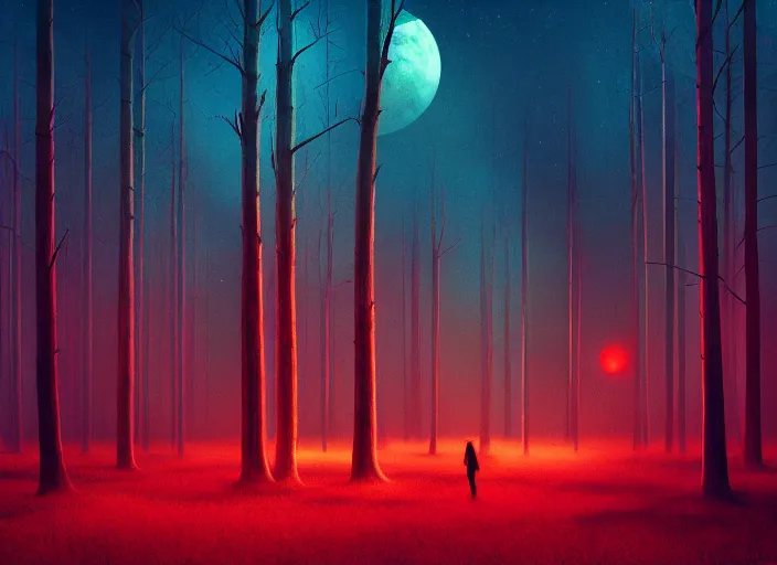 Image similar to red forest liminal space, night, artgerm, rutkowski, tooth wu, beeple, and intricate