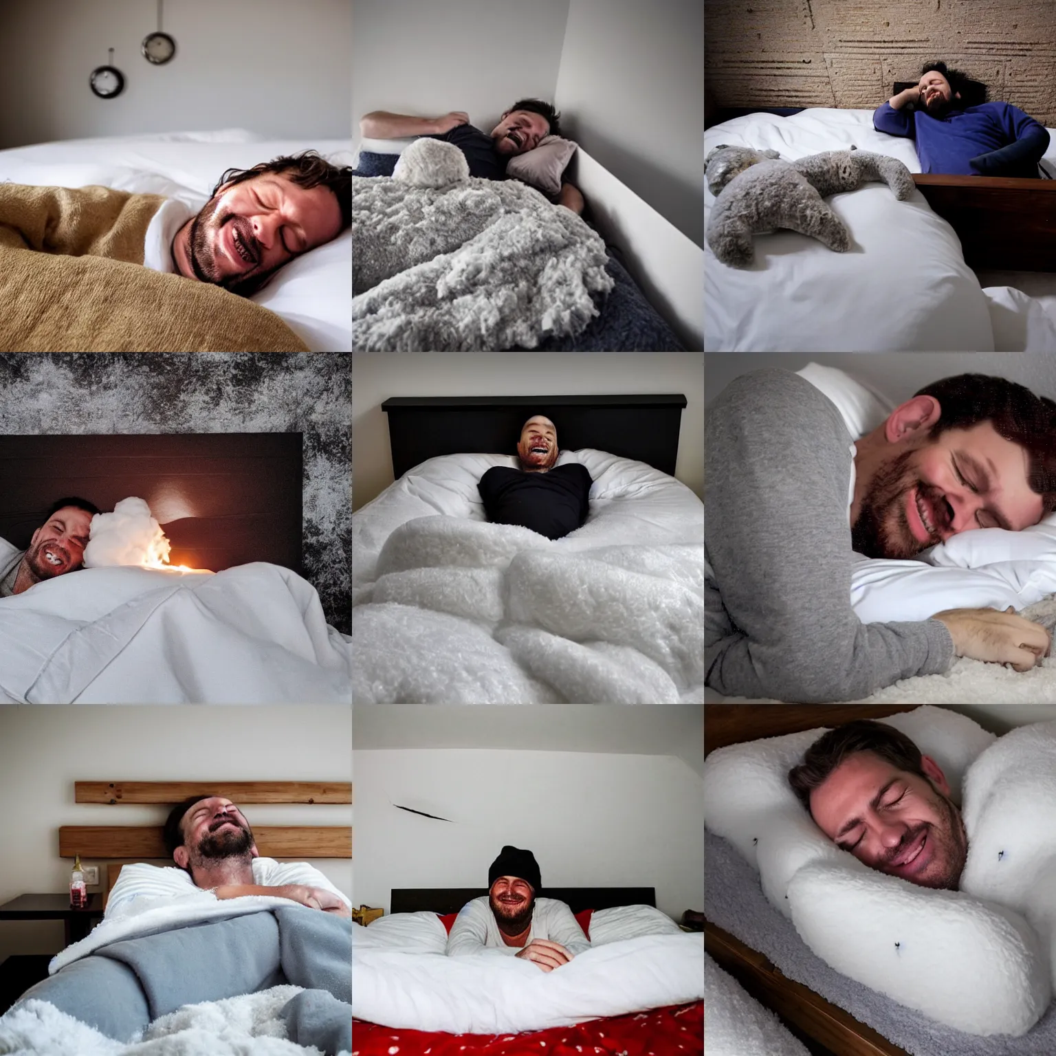 Prompt: A happy man sleeping on a single person bed, he has an old alarm clock near, he is in Canada, it's snowy, a cloud is above his head, in the cloud white sheeps are jumping a fence, the sheeps are happy, an incandescent fire pit is warming the whole bedroom, he is covered and confortable, it's around 3 AM, it's night