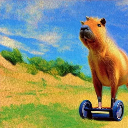 Image similar to impressionist painting of a capybara standing up riding a Segway