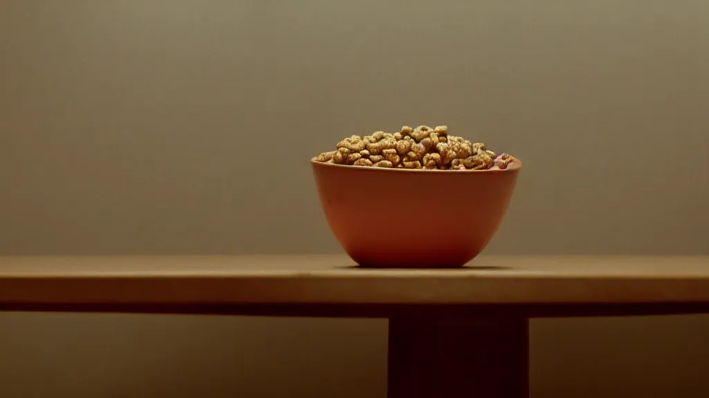 Prompt: an empty cereal bowl sits on a table, film still from the movie directed by Wes Anderson with art direction by Zdzisław Beksiński, wide lens