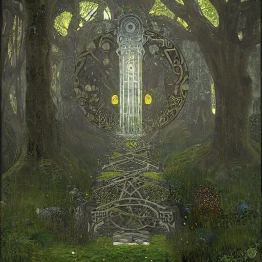 Image similar to ancient overgrown! ruins, medieval gates, runestones, mysetrious etherial mesmerizing runic!!, eyes, magical elven geometry, concept art by gustav klimt!, deviantart contest winner, environmental art, high detail, resembling the ace of swords tarot card by greg rutkowski