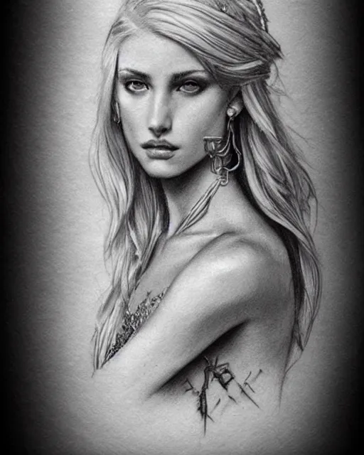 Image similar to tattoo sketch of beautiful greek goddess aphrodite with arrowhead earrings, beautiful piercing eyes, flowing blonde hair, realistic face, hyper realistic, in the style of greg rutkowski, fantasy, amazing detail, epic, intricate, elegant, smooth, sharp focus