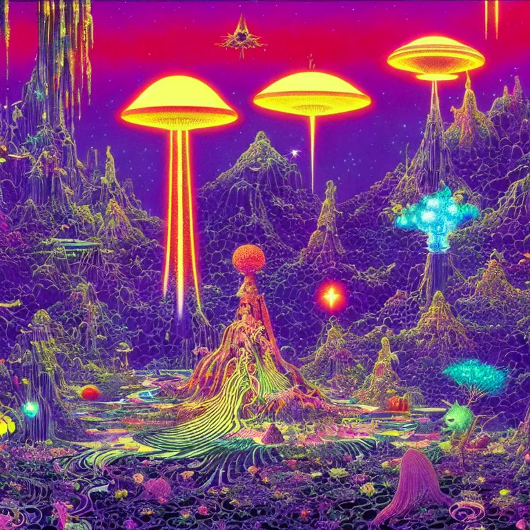 Prompt: mysterious ufo hovering over magical crystal temple, bright neon colors, highly detailed, cinematic, hiroo isono, tim white, philippe druillet, roger dean, lisa frank, aubrey beardsley, ernst haeckel