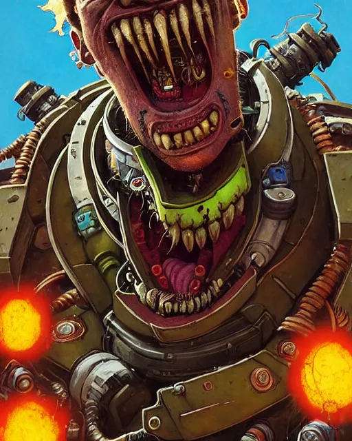 Image similar to junkrat from overwatch, closed mouth smile, character portrait, portrait, close up, concept art, intricate details, highly detailed, vintage sci - fi poster, in the style of chris foss, rodger dean, moebius, michael whelan, and gustave dore