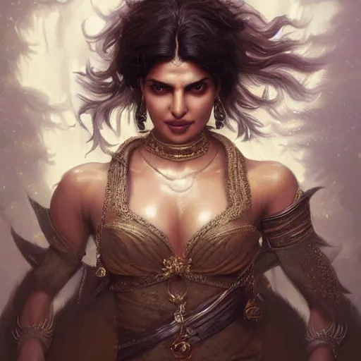 Image similar to portrait of priyanka chopra, fantasy, intricate, elegant, highly detailed, digital painting, artstation, concept art, matte, sharp focus, illustration, octane render, unreal engine, art by aenaluck and roberto ferri and greg rutkowski, epic fantasy, digital painting