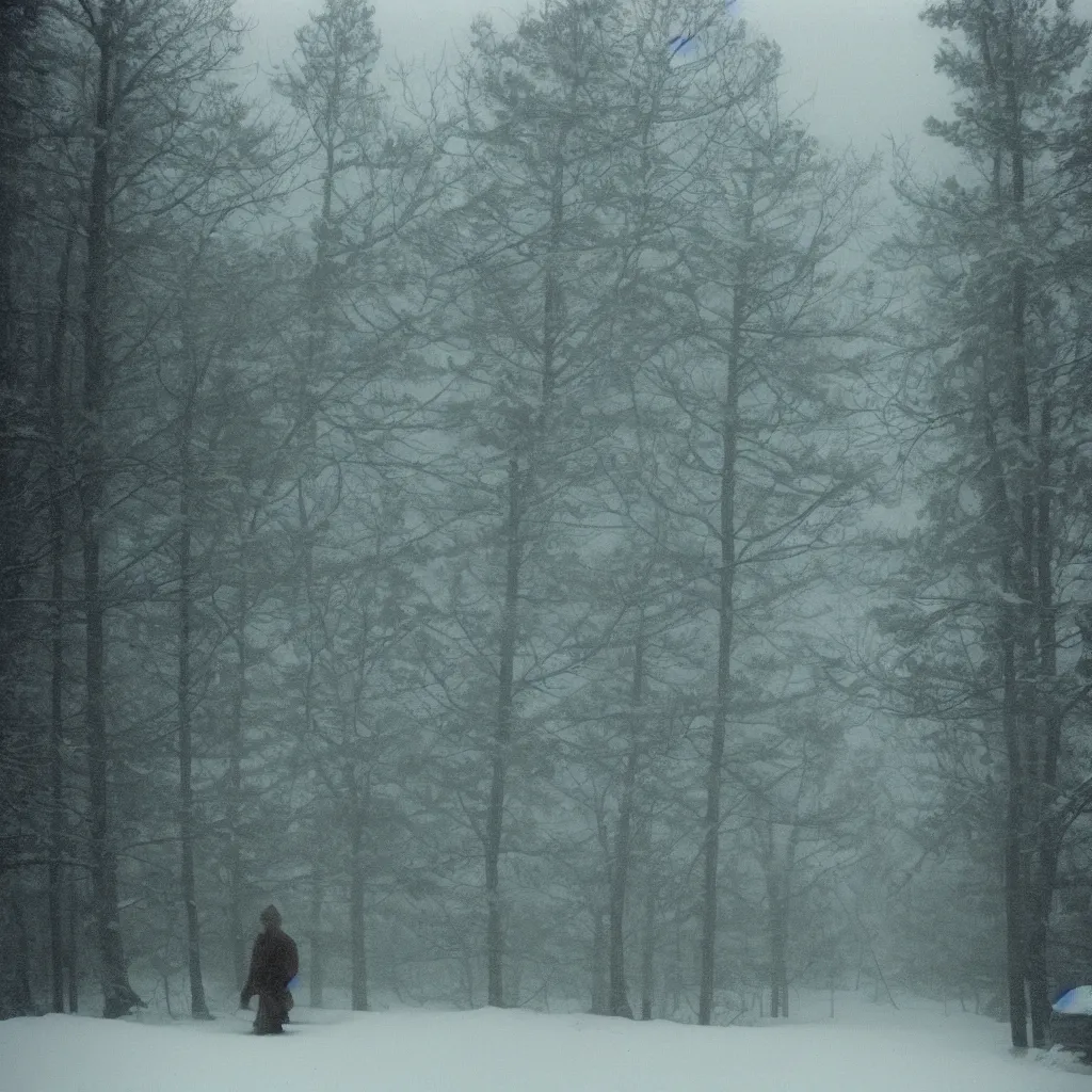 Image similar to photo, bigfoot is hiding in the background. cold color temperature, snow storm. hazy atmosphere. humidity haze. kodak ektachrome, greenish expired film, award winning, low contrast