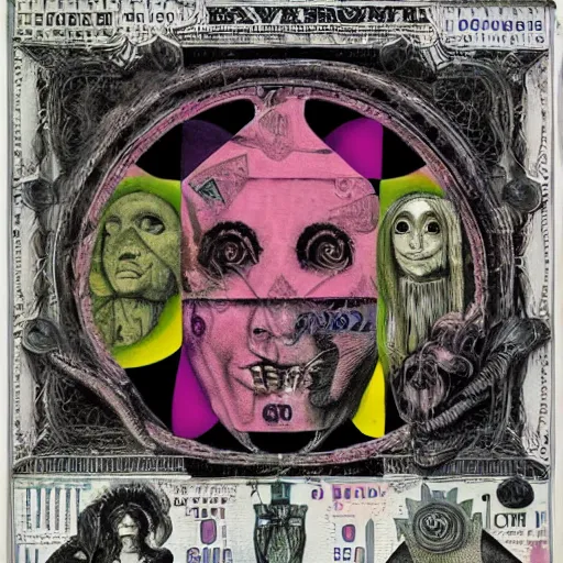 Image similar to post - punk new age album cover, asymmetrical design, dollar bank notes, capitalism, magic, apocalypse, psychedelic, black white pink, magic, giger h. r., giuseppe arcimboldo