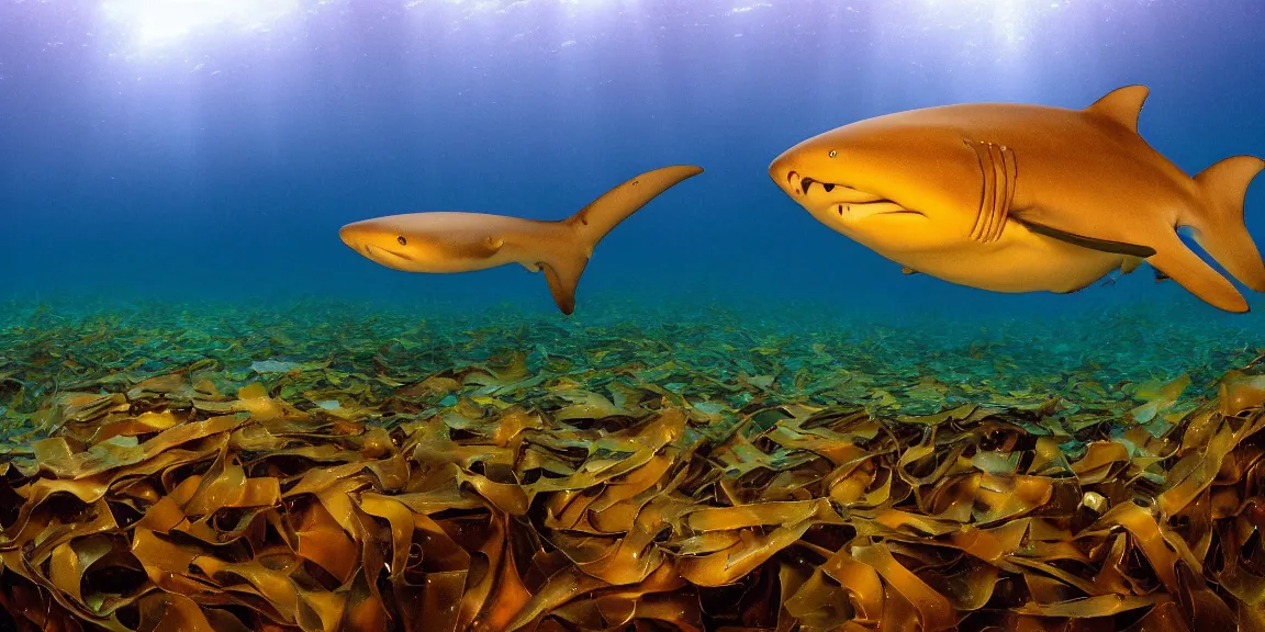 Image similar to Kelp forest off the coast of La Jolla Bay, giant kelp in large amounts, Garibaldi, California Sheephead, Sargo, Leopard sharks swimming in between the kelp. View from below, underwater photography. Afternoon glow, June 19th. Trending on Artstation, deviantart, worth1000. By Greg Rutkowski. National Geographic and iNaturalist HD photographs