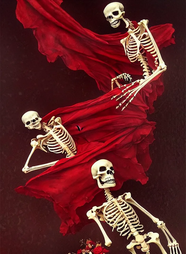 Prompt: a skeleton dressed in dress made of red liquid wax, bones, rose petals, flying birds, dark classic interior, full-length, wide angle, epic, oil painting in a renaissance style , very detailed, red background, painted by Caravaggio, Greg rutkowski, Sachin Teng, Thomas Kindkade, Alphonse Mucha, Norman Rockwell, Tom Bagshaw.