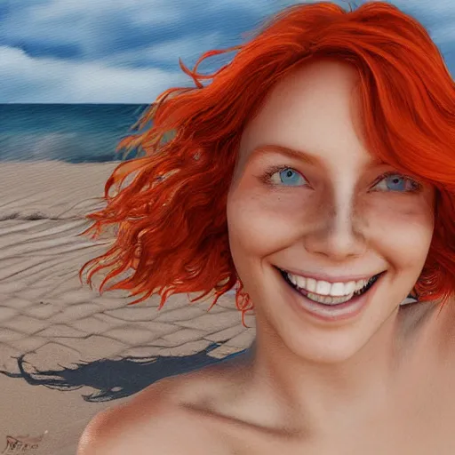 Image similar to digital art of redhead at the beach, freckles, dimples, smiling, flirting, eye contact