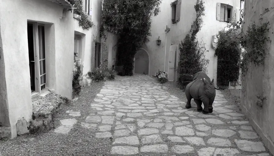 Image similar to a rhinoceros in a southern france townhouse, by mini dv camera, very low quality, heavy grain, blurry, caught on trail cam