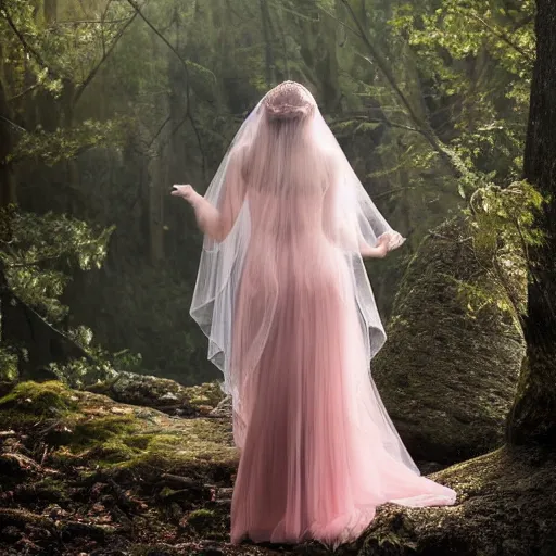 Prompt: ethereal princess with a long flowing pink sheer gown, beautiful veil, long brown hair, silver crown upon her head, nature, picturesque, 8k, sfumato, uhd