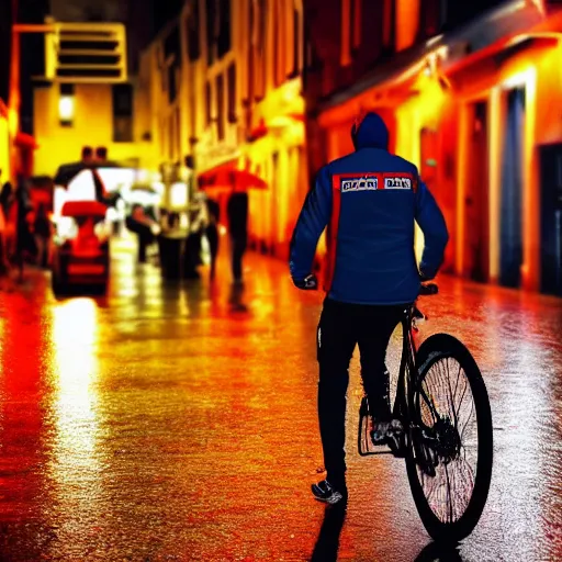 Prompt: a delivery guy wearing red jacket cycling at night in uni colored street, rainy weather, 4 k, realistic, trending on artstation