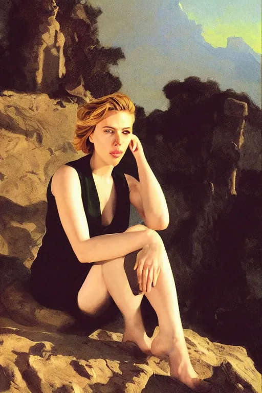 Image similar to portrait of scarlett johansson sitting with full face full figure on a rock near some ruins, in the style of expressionism, soft light, volumetric light, subsurface scattering, translucent skin, john singer sargent