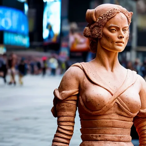 Image similar to extreme long - shot photograph of a renaissance clay sculpture of margot robbie wearing a phrygian cap in times square, made by michelangelo, very detailed, sharp focus, 8 k resolution, ray tracing