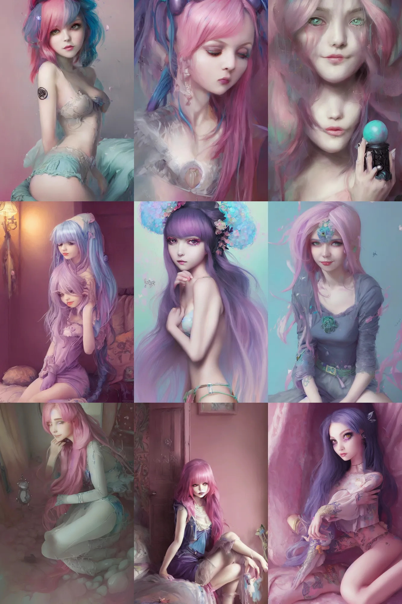 Prompt: a beautiful pastel goth girl sitting in her bedroom | | cute - fine - subtle smile, colorful hair, face, pretty face, fine details by stanley artgerm lau, wlop, rossdraws, james jean, andrei riabovitchev, marc simonetti, and sakimichan, trending on artstation