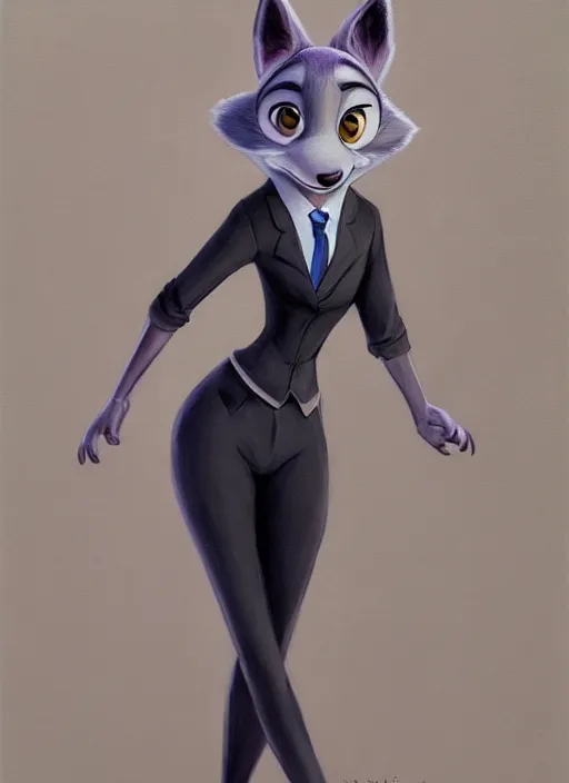 Image similar to oil painting detailed full body of anthromorphic female wolf, in style of zootopia, zootopia, zootopia, fursona, furry, furaffinity, 4 k, deviantart, furry art, fursona art, wearing black business suit, business suit, in style of zootopia, wolf fursona, cyberpunk, female, expressive, detailed feminine face,