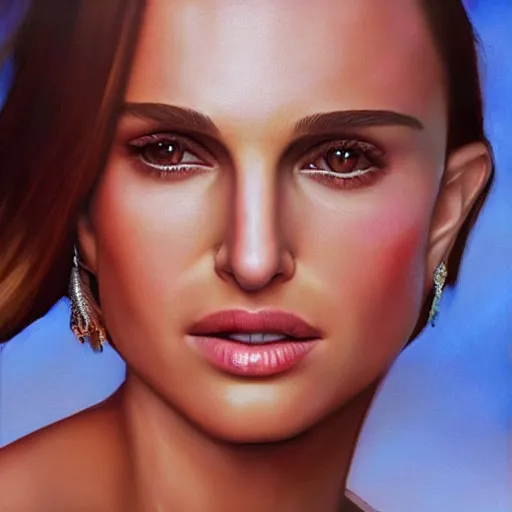 Image similar to “Natalie Portman, beautiful, golden hour, golden filter, sunset on the background, sharp focus, hyperrealistic masterpiece professionally post-processed smooth ultradetailed digital airbrush painting”