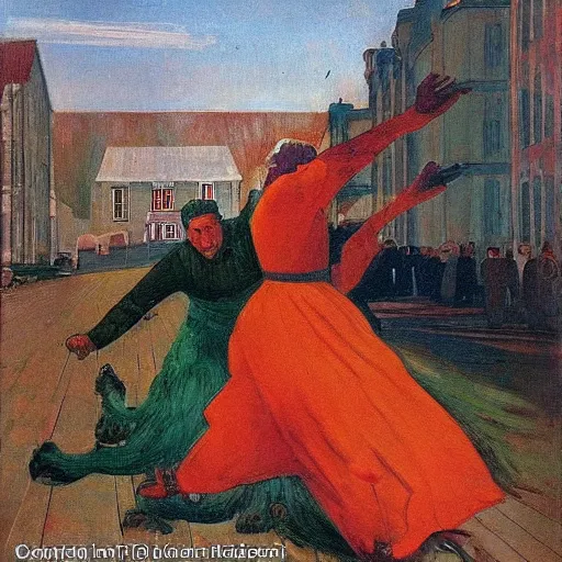 Image similar to haunting by konstantin yuon, by michael ancher. the street art features a group of monsters who live in a castle & have to deal with frankenstein's monster.