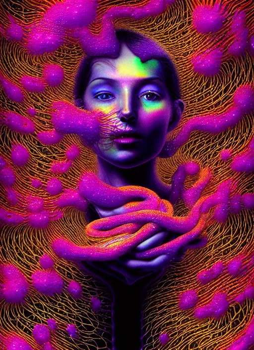 Image similar to hyper detailed 3d render like a Oil painting - Aurora (Singer) seen Eating of the Strangling network of yellowcake aerochrome and milky Fruit and Her delicate Hands hold of gossamer polyp blossoms bring iridescent fungal flowers whose spores black the foolish stars by Jacek Yerka, Mariusz Lewandowski, Houdini algorithmic generative render, Abstract brush strokes, Masterpiece, Edward Hopper and James Gilleard, Zdzislaw Beksinski, Mark Ryden, Wolfgang Lettl, hints of Yayoi Kasuma, octane render, 8k