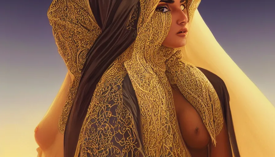 Image similar to Portrait of very very very very very very beautiful Arab woman wearing a burqa, glowing gold eyes, under giant full moon in the desert, intricate, elegant, highly detailed, digital painting, artstation, concept art, smooth, sharp focus, illustration, greg rutkowski, artgerm, alphonse mucha, masterpiece