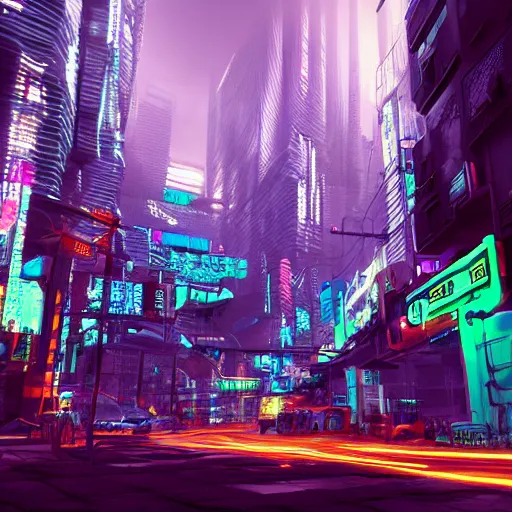 Prompt: Cyberpunk city in a bamboo forest, neon, moody, Digital art, HD, unreal engine, artstation trending, highly detailed