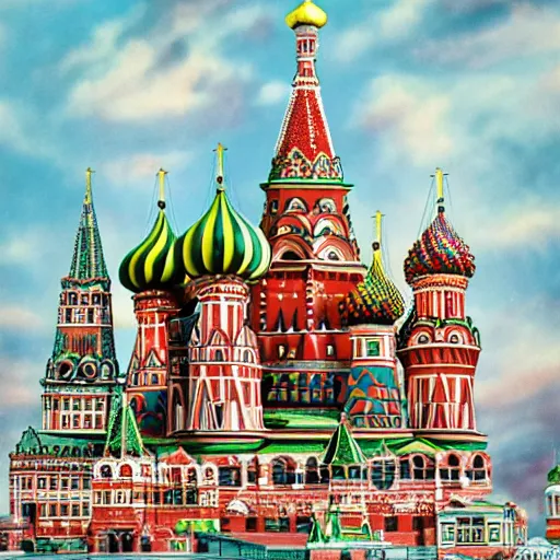 Prompt: city of moscow made out of candy, 1 9 2 0 ’ s colored pencil, highly detailed, highly accurate, abstract art, deep aesthetic, 8 k, highly ornate intricate details, cinematic lighting, rich colors, ray tracing, hyperrealistic, photorealistic, cinematic landscape, trending on artstation,