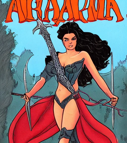 Image similar to 1 9 8 0 s fantasy novel book cover, amazonian ariel winter in extremely tight bikini armor wielding a cartoonishly large sword, exaggerated body features, dark and smoky background, low quality print