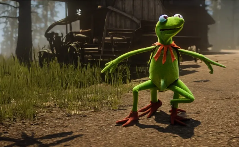 Image similar to kermit the frog in red dead redemption 2, cinematic shot, 4 k