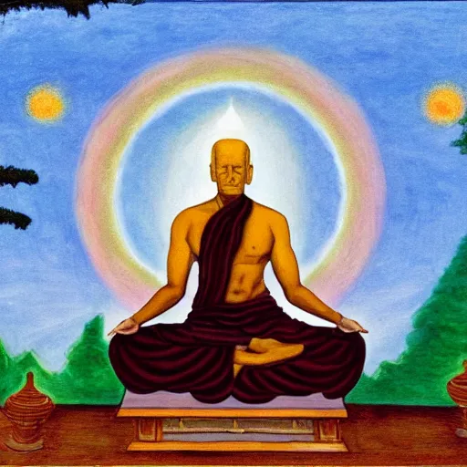 Prompt: joe biden meditates under the bodhi tree, tempera on wood