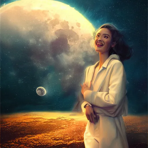 Prompt: 3 d, sci - fi, night, moon, moon rays, fashion model smiling face, cinematic, clouds, vogue cover style, realistic painting, intricate oil painting, high detail illustration, figurative art, multiple exposure, poster art, 3 d, by tooth wu and wlop and beeple and greg rutkowski