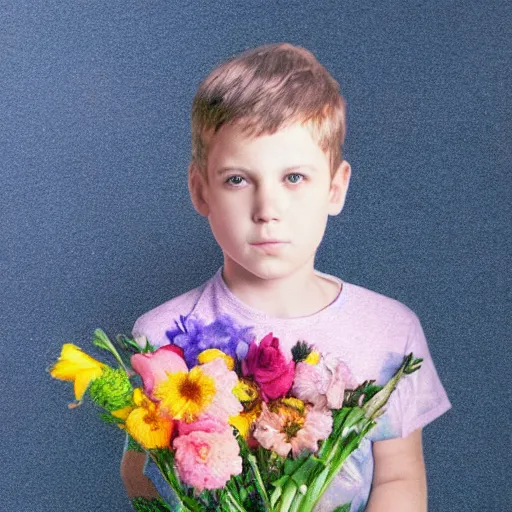 Image similar to a young boy is holding a bouquet of flowers, a pastel by bourgeois, pixabay, art & language, stockphoto, vray