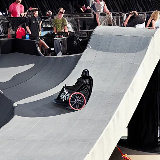 Image similar to darth vader in a wheelchair on a half pipe ramp at x - games action photo magazine