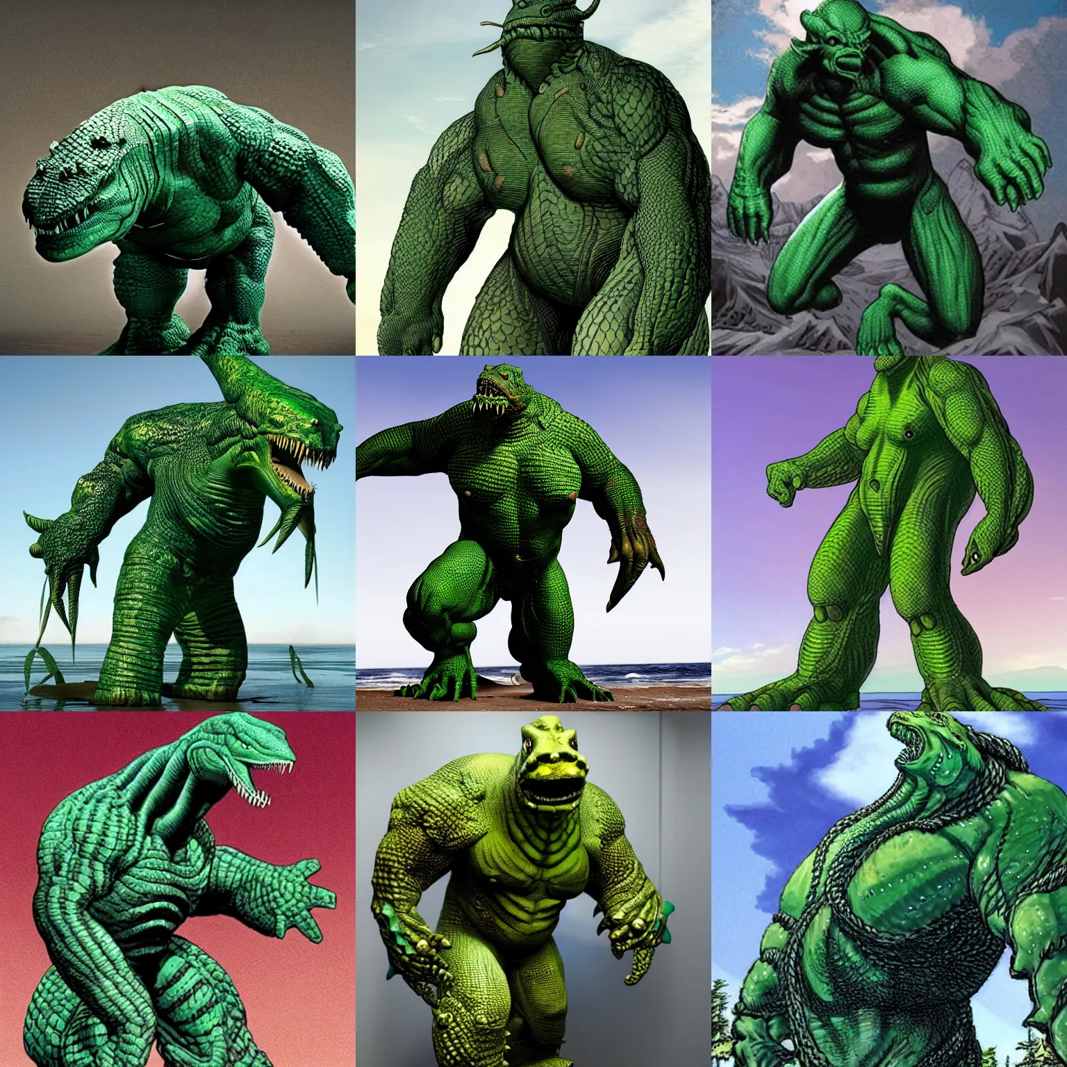 Prompt: Leviathan is thirty feet tall with a seemingly disproportionate body and scaly green skin. He has a top-heavy appearance due to his hunched shoulders and the large cords of muscles standing out on his neck, upper torso, and shoulders. The top-heavy appearance is only strengthened by his much thinner forearms and calves, topped off with massive claws and digitigrade feet. At the back of his body is a prehensile whip-like tail around 50 feet long. Leviathan weighs nearly nine tons. His face lacks any kind of mouth, nose, or ears, with the only features being four cracks containing glowing green orbs that resemble eyes. These eyes are placed asymmetrically, with three on the left side of the face and one on the right. At some point, Leviathan seemingly developed a fifth eye. This eye appeared due to battle damage.When walking on two legs he sways his upper body back and forth in sync with the swaying of his arms, using his tail for balance. However he is far more balanced and significantly faster once on all fours, fast enough to run on the surface of the water. He leaves an \'afterimage\' of water whenever he moves, equivalent to the volume of whatever body part is in motion, perpetually shrouding him in water. Comic book monster, comic book