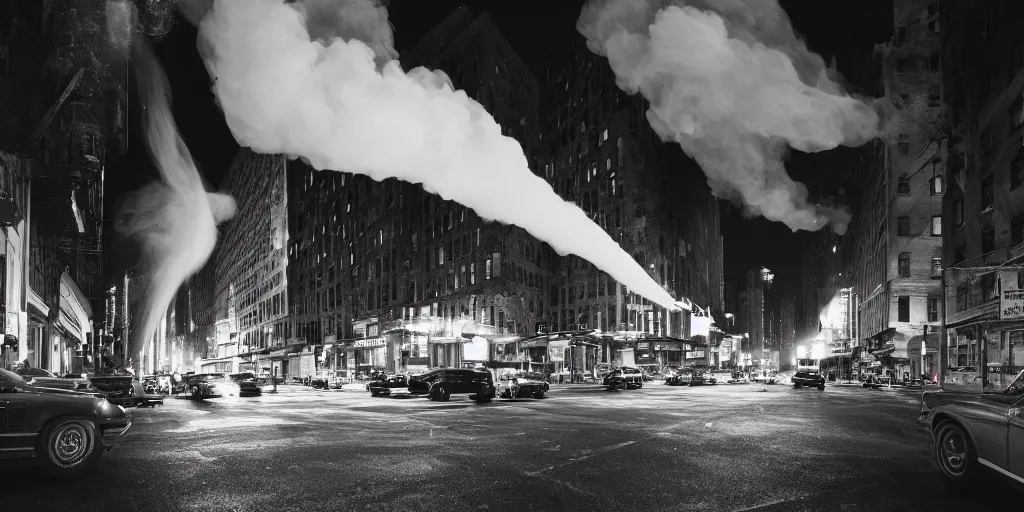 Image similar to high resolution photo of a new york street at night with an old church on fire surrounded with smoke and cars with bright headlights by robert capa, realistic photo, leica, cinematic lighting, magnum award winning photograph, parallax photography,