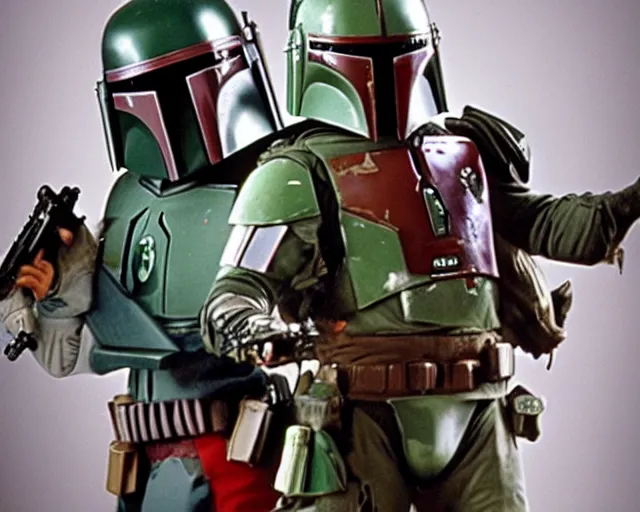 Image similar to a still image of boba fett in a 9 0 s sitcom