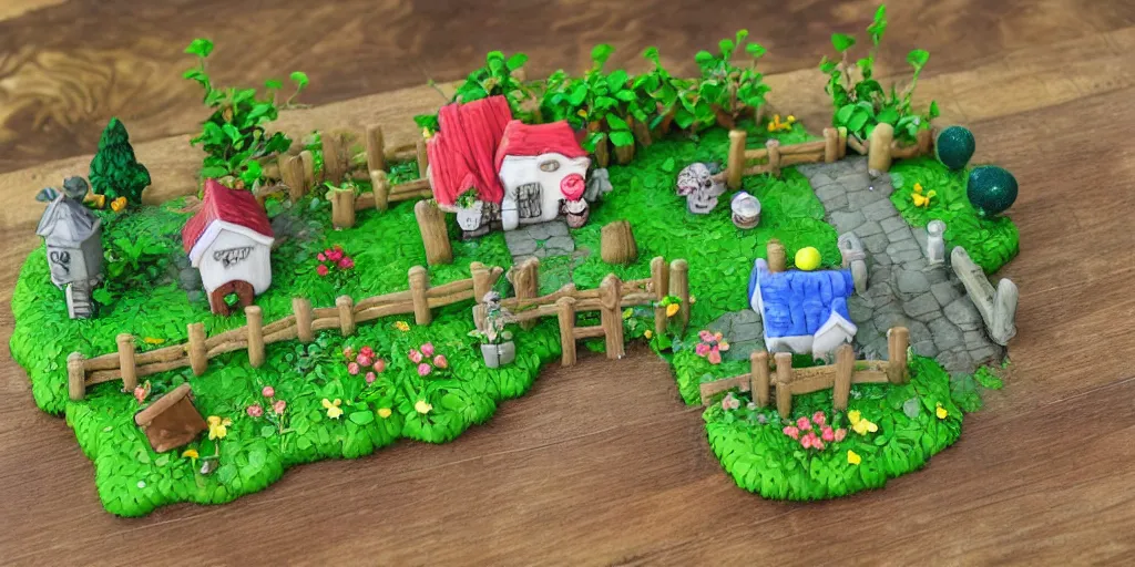 Image similar to small garden village dioarama, polymer clay, cottagecore, animal crossing, stardew valley, moss, village, plants, cute, friendly, studio ghibli