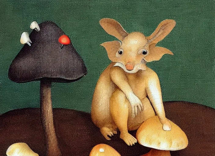 Image similar to a painting of a cute creature sitting next to a mushroom, detailed, realistic, in style of hieronymus bosch